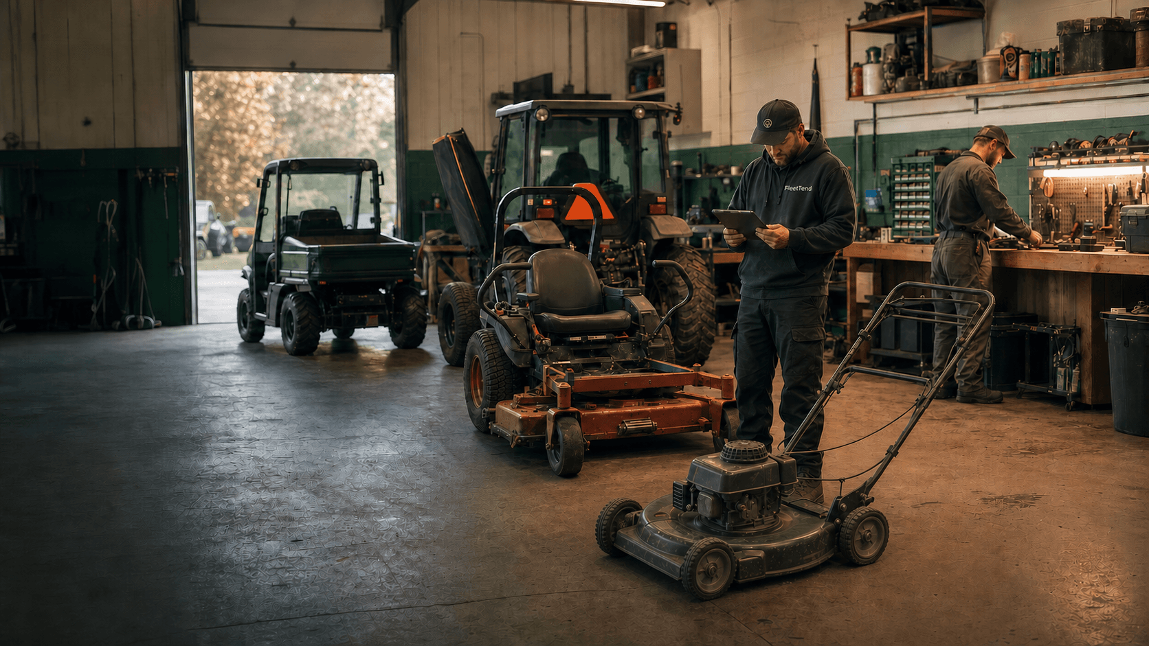 A small grounds maintenance team working in an organized equipment service bay