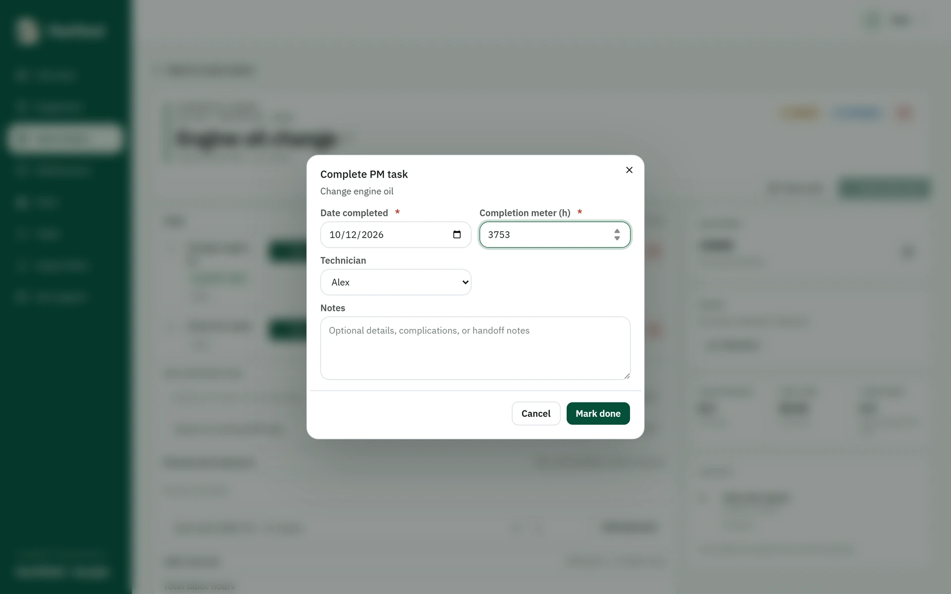 Complete PM task dialog for Change engine oil, showing the completion date, actual meter reading and technician.