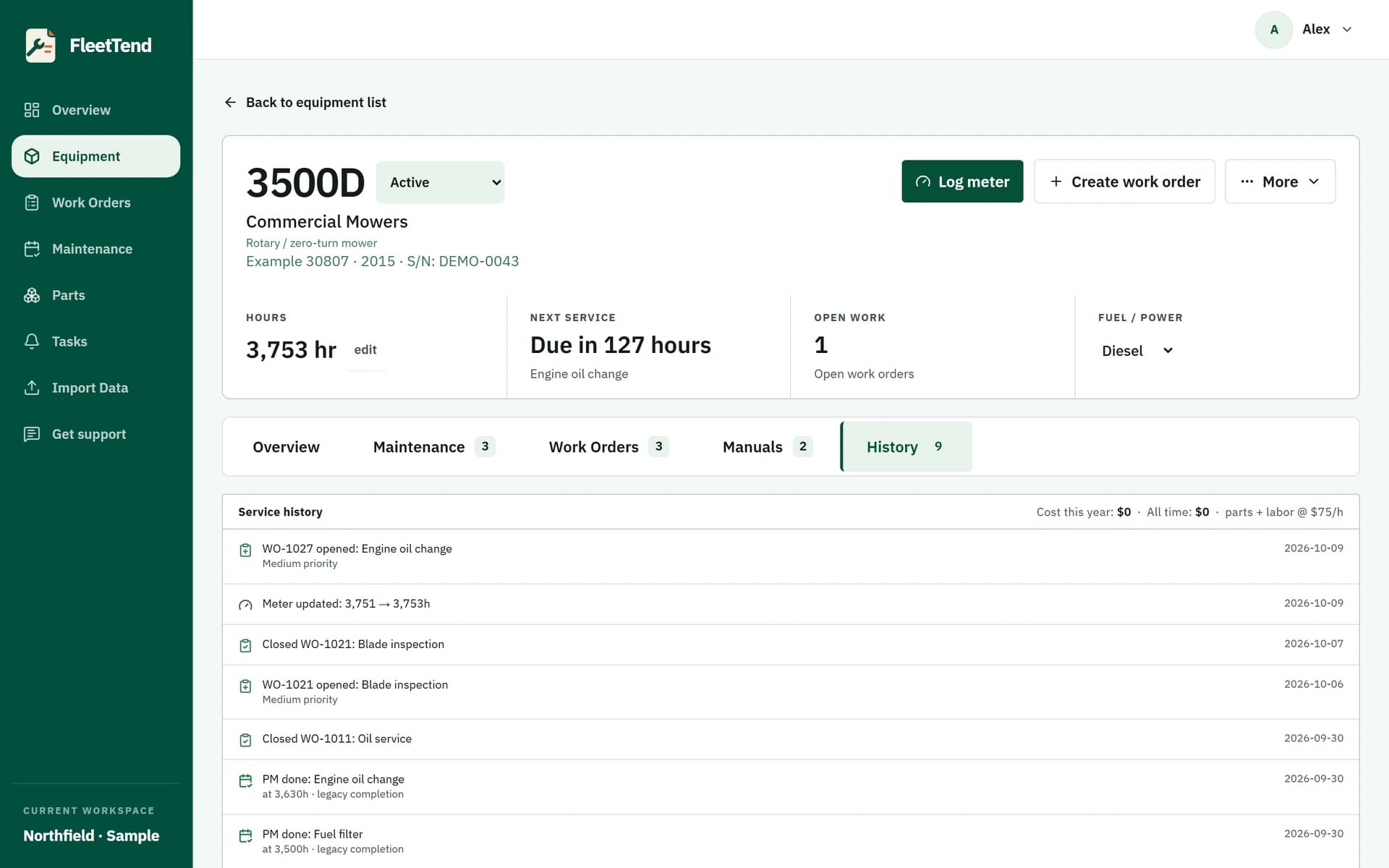 Fictional 3500D service history with meter updates and completed work in date order.