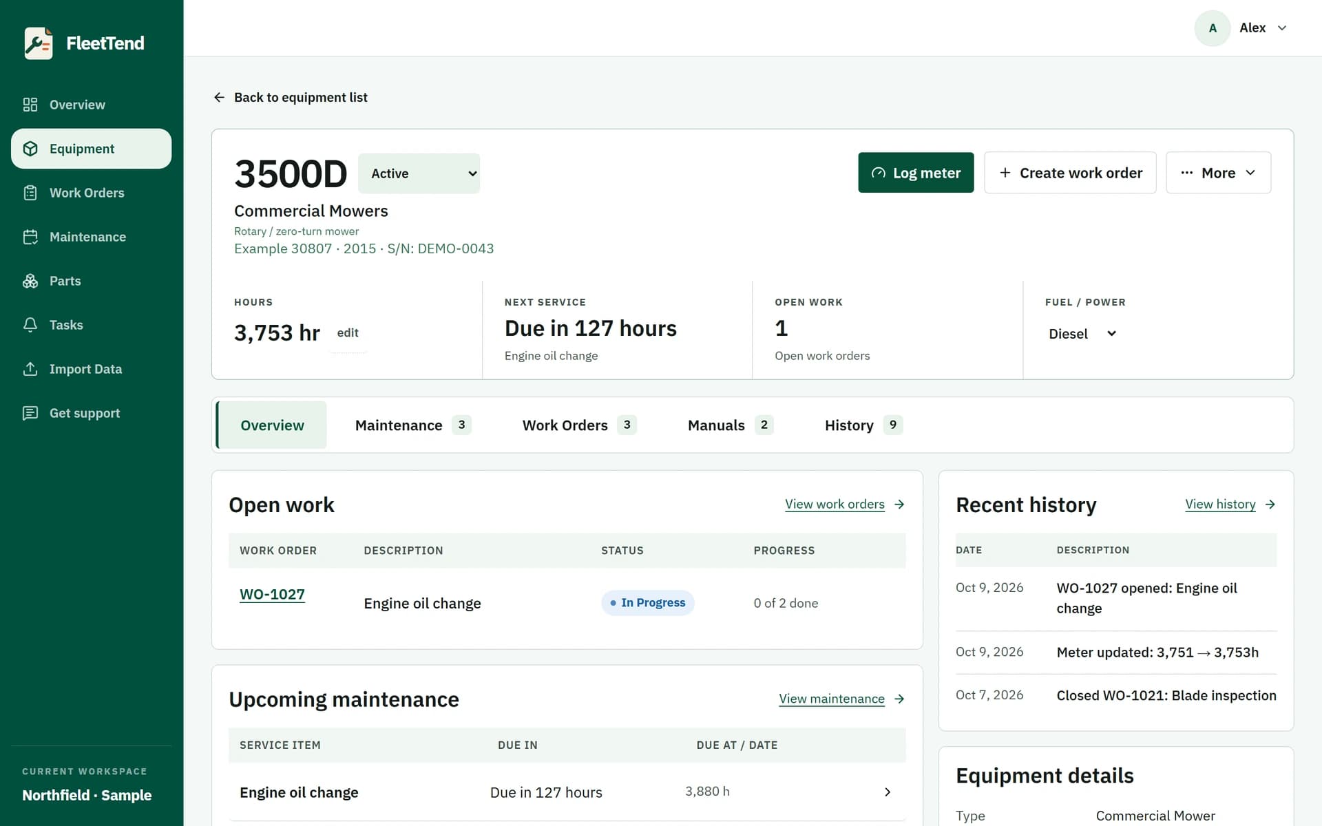 Fictional 3500D equipment record with its meter reading, maintenance and recent work together.