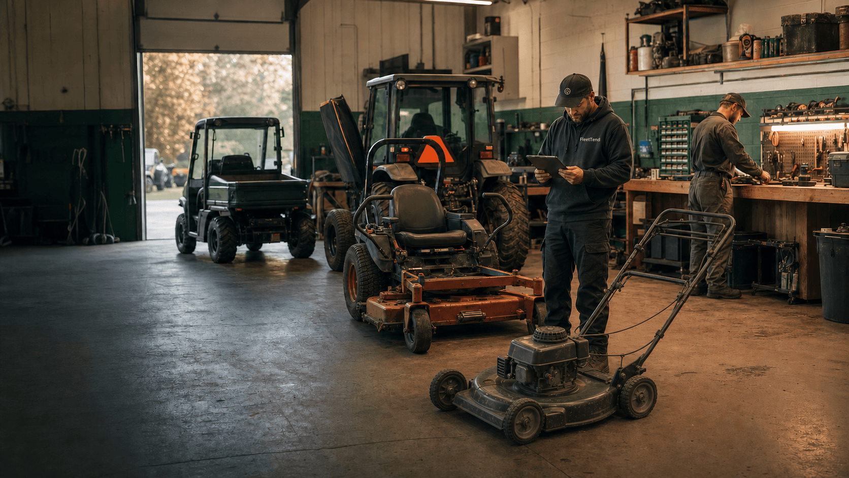A grounds maintenance team working in an organized equipment service bay