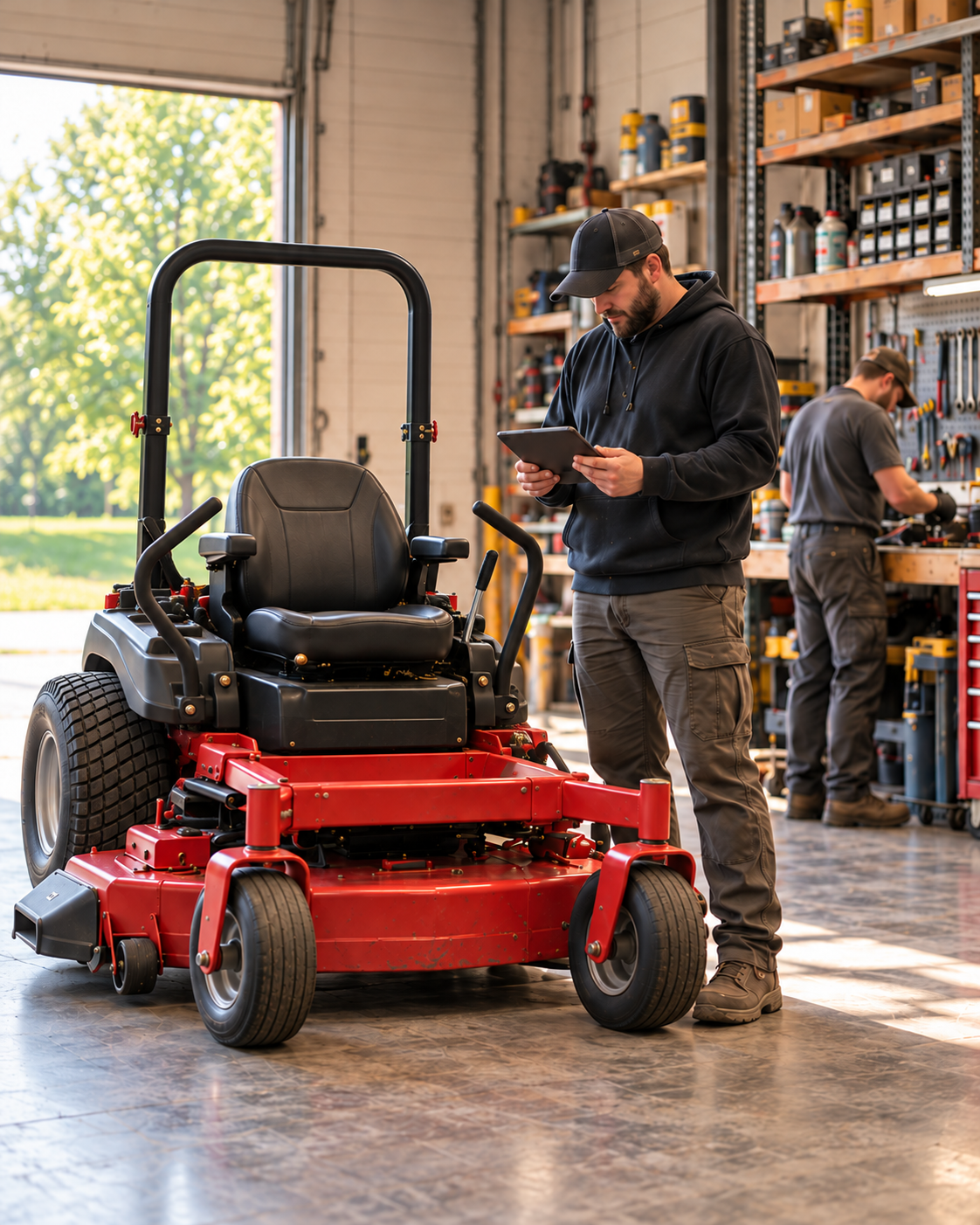 Illustrative equipment workshop with a mechanic checking a tablet beside a red commercial mower and a colleague at the workbench
